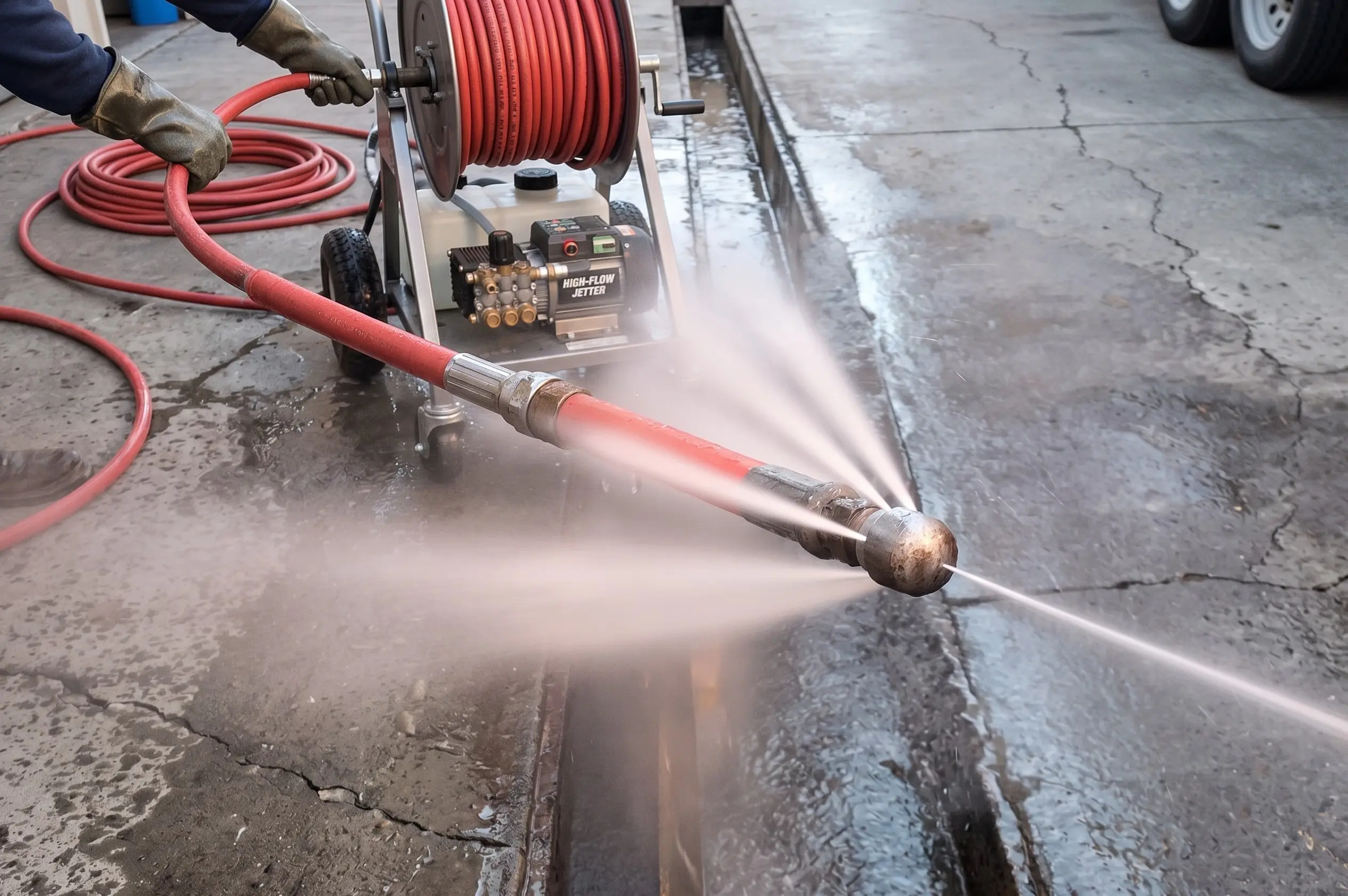High-pressure hydrojetting equipment mounted on truck, spraying forceful water stream across concrete surface during drain cleaning