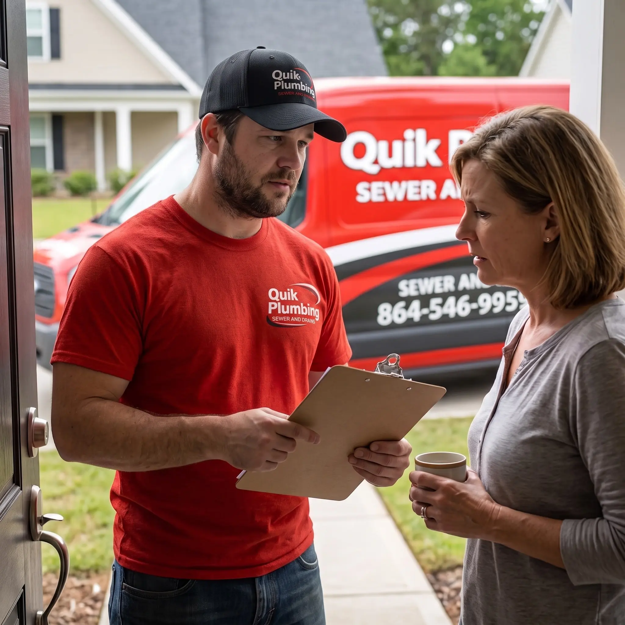 Quik Plumbing technician in red branded shirt reviewing estimate with homeowner at her front door, with service truck visible in background