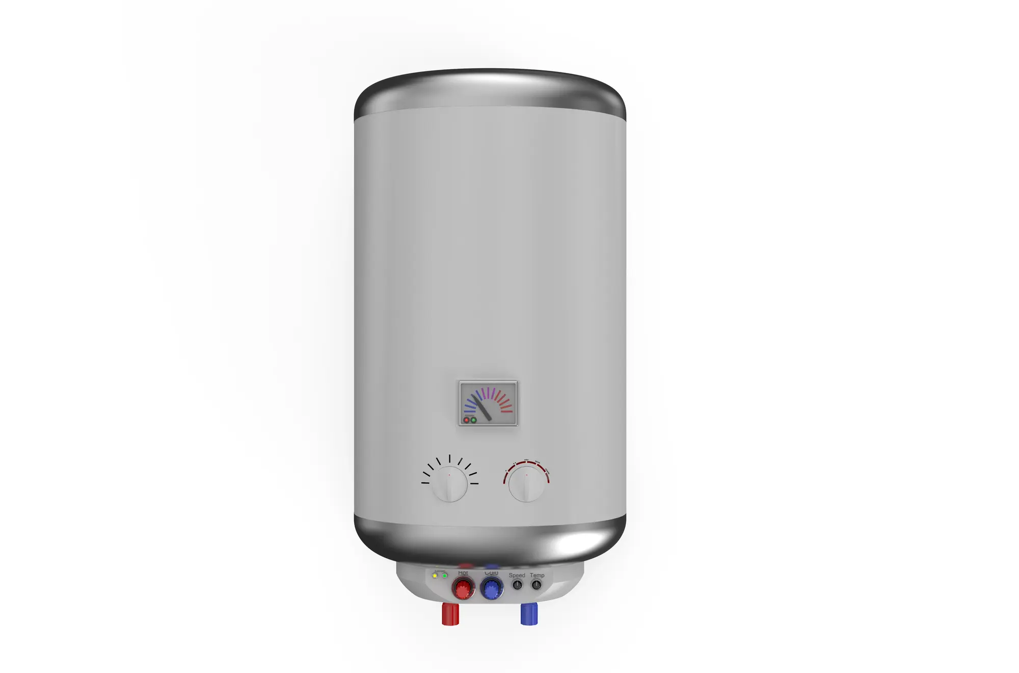quikplumbing-tankless-water-heater-cost-greenville Compact tankless water heater unit, white cylindrical model with control dial and indicator gauge
