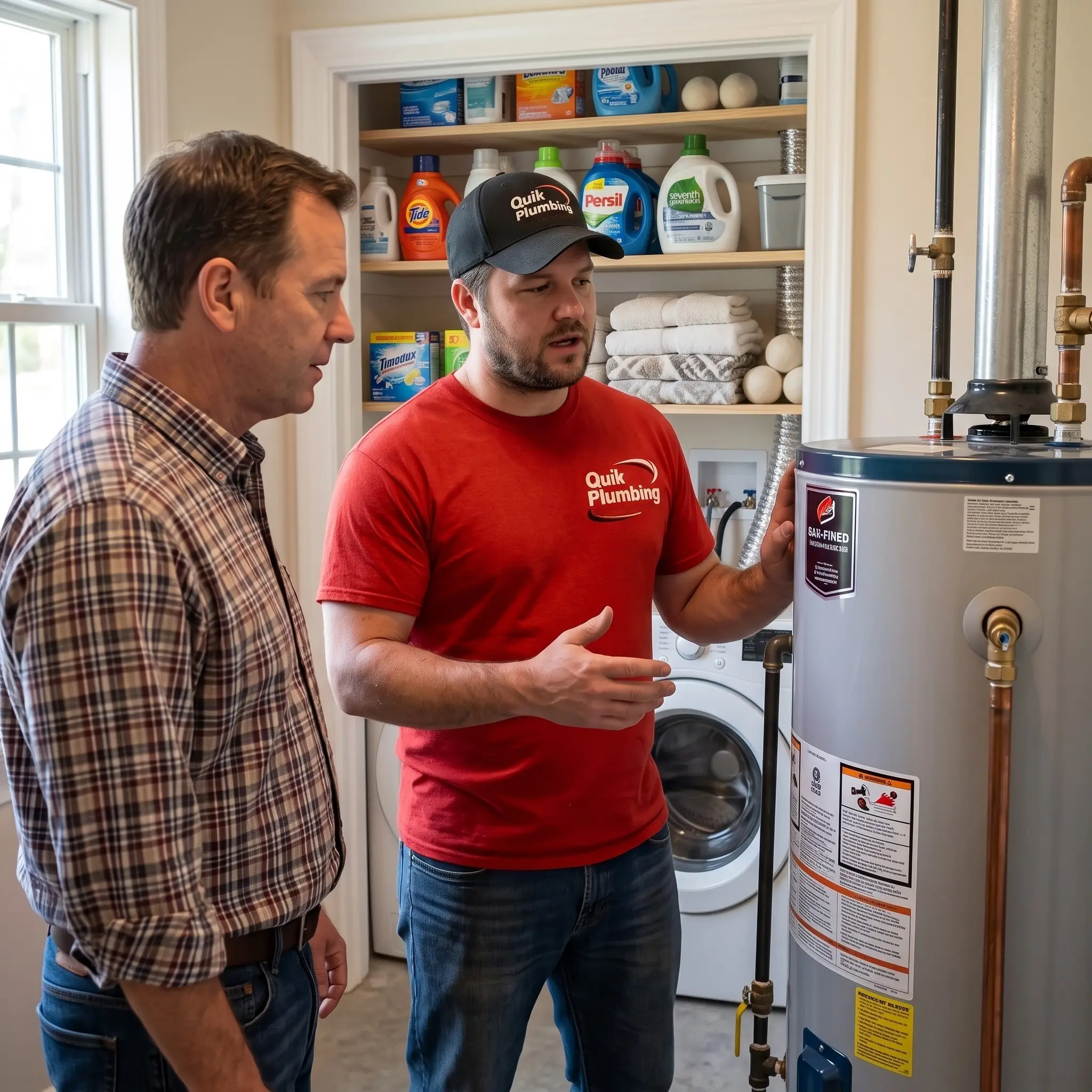 Quik Plumbing technician explaining water heater system to homeowner in utility closet, pointing to hot water unit with supplies on shelves