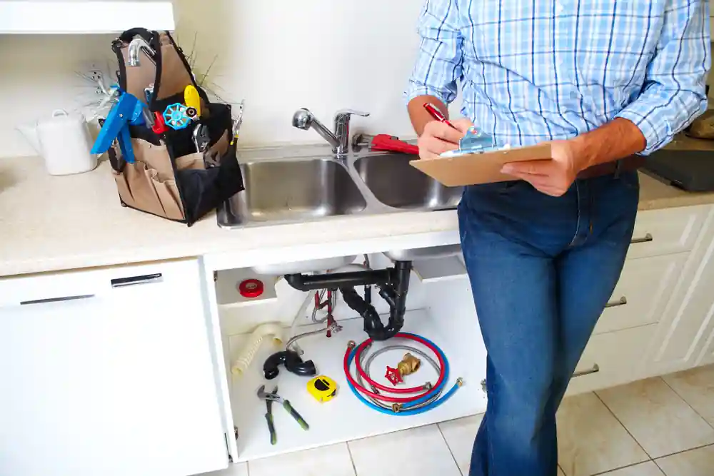 quikplumbing-hydrojetting-snaking-decision plumber in kitchen with plumbing tools and clipboard